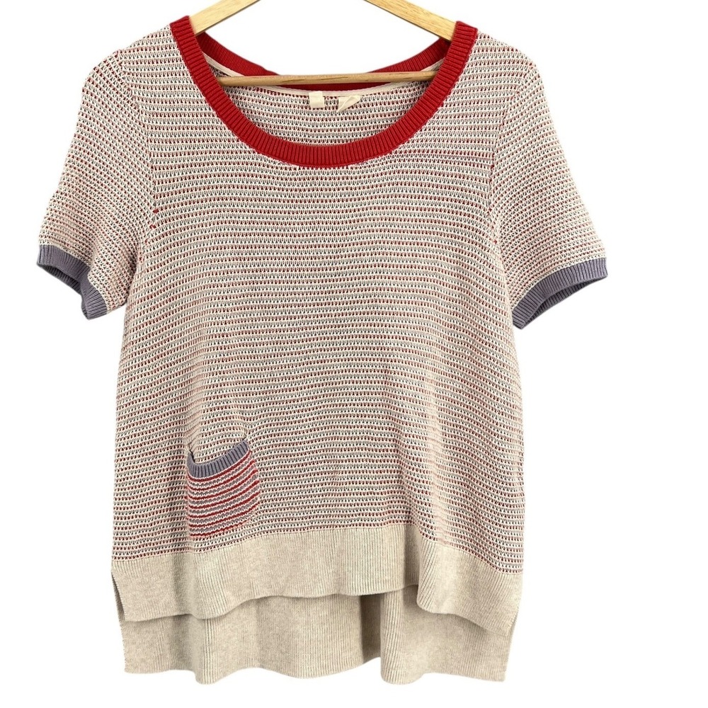 Moth Anthropologie Knit Sweater Red White Short Sleeve Pocket Casual Size S